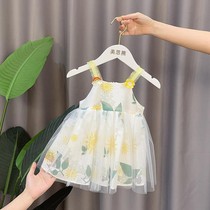 Girl suspender skirt 2021 new foreign style summer dress female baby flower summer princess dress puffy gauze skirt