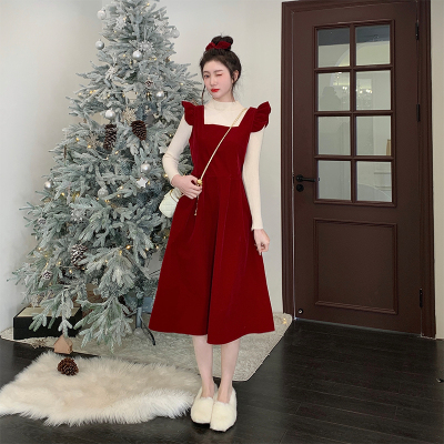 taobao agent Retro red velvet spring slip dress, Christmas set, plus size