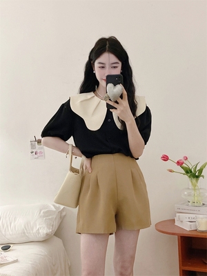 taobao agent Black mini-skirt, summer jacket, bra top, fitted suit, shorts, set, plus size, french style, high waist