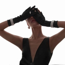 Bride Black Long Satin Pearl Gloves Black Dress Gloves Wedding Halloween Photo Tour Gloves