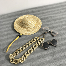 Sugar cat dog pet glasses hat cross-dress straw hat summer sunglasses big gold chain fishermans hat