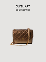 Cuis leather art self-made full imported tree leather Plaid chain bag small fragrant wind hundred small square bag shoulder bag