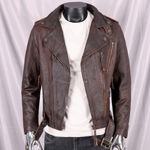 The first layer of cowhide leather leather leather leather mens vintage old cross zipper short slim slim motorcycle riding clothes leather jacket jacket