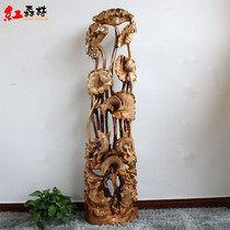 Root carving camphor wood solid wood annual fish ornaments Lotus fish wood carving animal home accessories living room ornaments