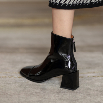 Givenivan temperament outstanding patent leather black ~ high heel boots female 2021 New Square head back zipper thick heel
