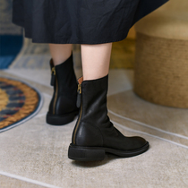 Givenivan shining ~ new round head retro Martin boots womens short boots flat leather slim boots 3cm