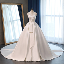  French satin wedding dress 2021 new bandeau thin court bride wedding main wedding dress trailing bow