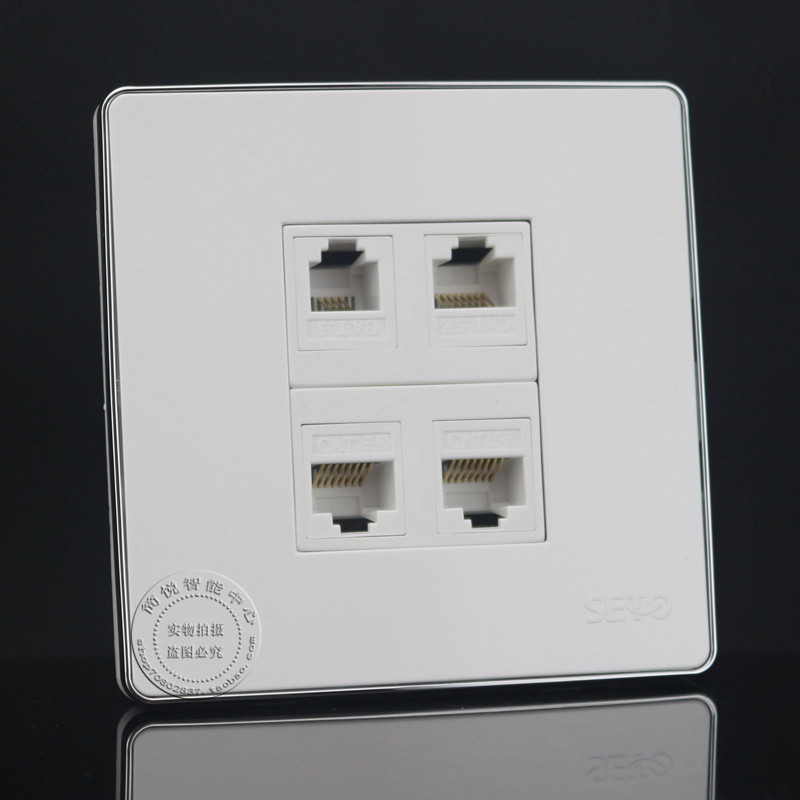 Silver side 86 type four-port network cable socket 3 RJ45 computer network cable +1 CAT3 voice telephone wall plug