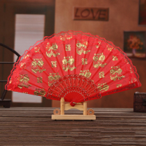 Red Fan Pair of Joy Fan Folding Fan Dance Wedding Wedding Props Wedding Dowry Fan for hundreds of years Good marriage Wedding Props