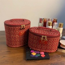 Small fragrant style Korean version of the new portable cylinder solid cosmetic bag large capacity makeup storage pop simple advanced sense