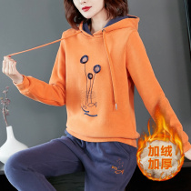 Sweatshirt set womens autumn and winter 2021 New Brand Fashion plus velvet padded winter foreign style leisure sports two-piece set