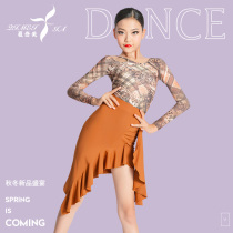 Girls Latin dance practice clothing 2021 autumn and winter long sleeve performance clothes Net red split practice dress professional training clothes