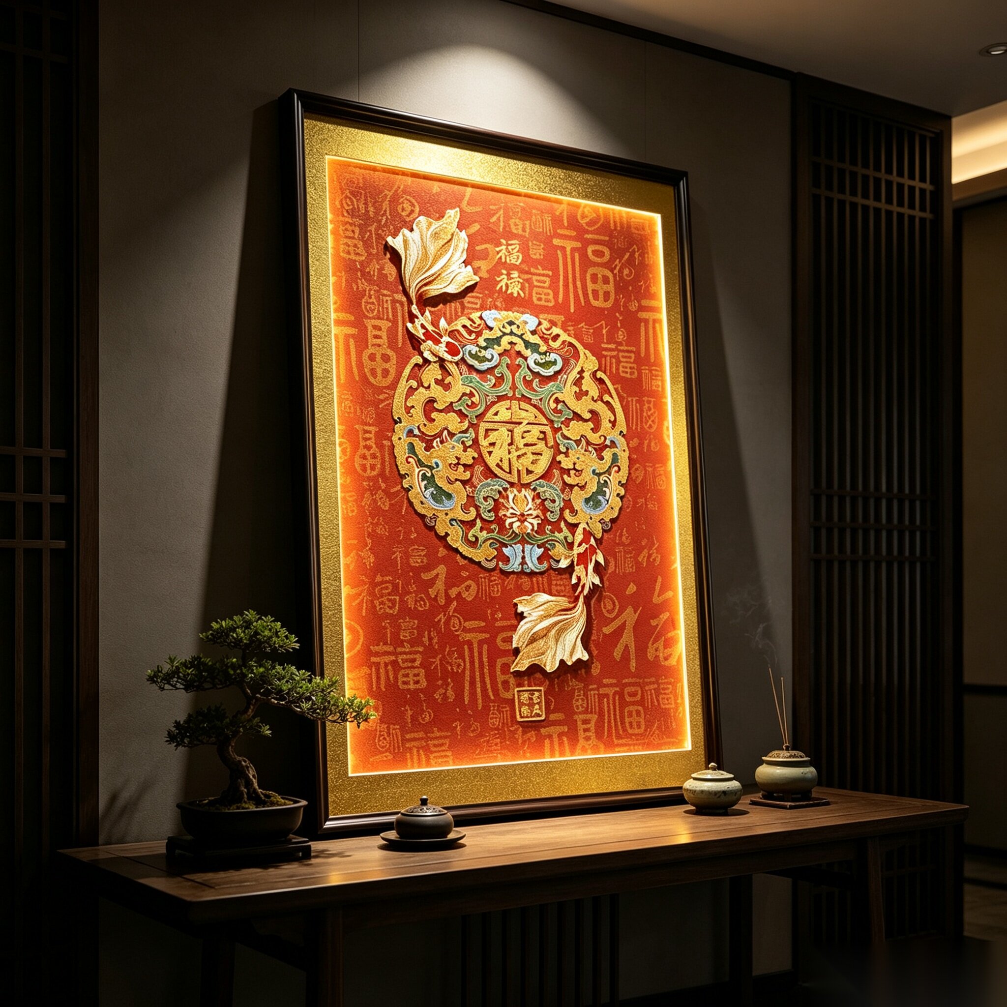 新中式玄关装饰画福字锦鲤走廊挂画-新中式玄关装饰画福字锦鲤走廊挂画