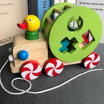 Wooden trailer toy 1-3 years old wooden intellectual puzzle toy duckling pull rope pull car gift baby puzzle pull car gift