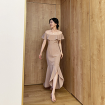 TANSSHOP Summer Dew Shoulder of Lean Wedding Party Lotus Leaf Pendulum Fish Tail Mid-Length Dress Lady Dress Lady