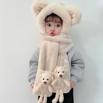 Baby hat autumn and winter scarf gloves one-piece hat for boys and girls can love cute plus velvet ear hat tide childrens hat