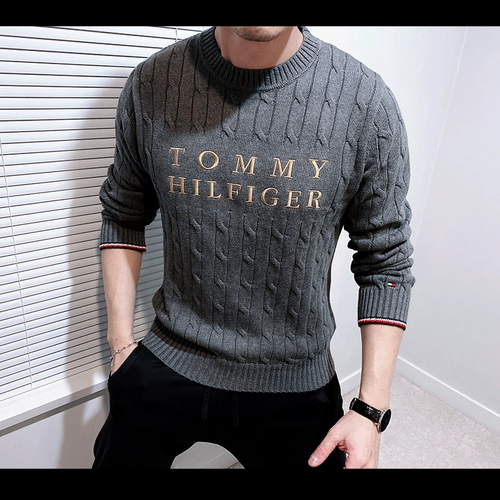 Tommy hilfiger, демисезонный модный хлопковый свитер с круглым воротником, с вышивкой
