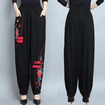 2021 spring and summer new cotton and hemp bloomers womens national style embroidery flowers middle-aged womens loose fat leg pants trousers