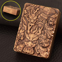 Zorro thickened heavy shell armor pure brass old kerosene lighter relief Jiulong pull coffin fortune
