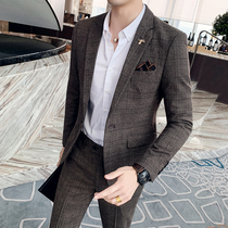 Rich bird plaid small suit mens slim trend two-piece suit Mens business casual Korean version groom suit suit