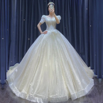 Bubble sleeve light main starry wedding dress 2021 new bride small man Qiguo heavy industry luxury tailed female