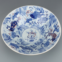 Qing Kangxi blue and white glaze red fish algae douga bowl antique antique collection genuine Bao Lao fidelity old porcelain