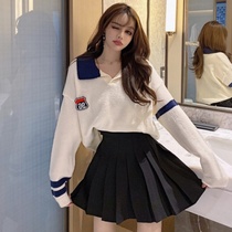 Set women 2020 new autumn and winter fashion college style loose POLO collar knitted sweater pleated skirt two-piece set