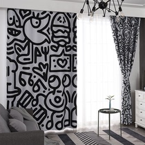 Customized long curtain coarse hemp black and white shading insulation bedroom finished floor curtain Mrdoodle graffiti Mr.