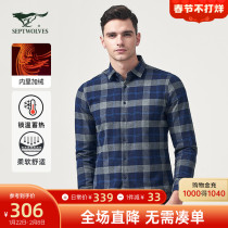 (plus velvet) seven wolves long sleeve shirt men's winter warm Korean handsome plaid cotton business casual shirt