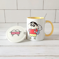 Homemade crayon Chan new mug creative cute cartoon drinking cup ceramic cup children birthday gift with lid spoon