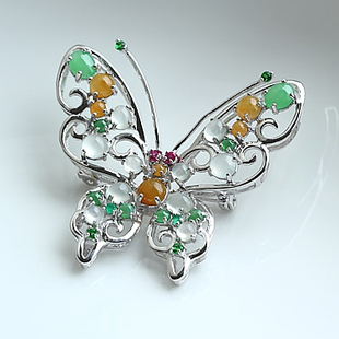 翡翠a货蝴蝶胸针吊坠925银群镶三彩冰种蛋面胸针玉坠两用包邮dz27