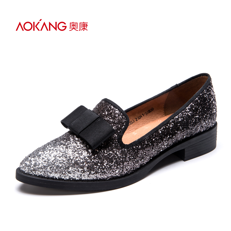 Aokang women's shoes fall fashion shiny low heel women's shoes big bow set foot leisure women's single shoes