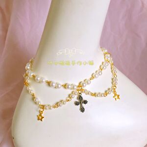 Domestic Shipping included handcrafted lolita pearl necklace# Japan Style Girly Girl pearls chain# New-in the Stars Cross clavicle chain bhiner lolita fashion