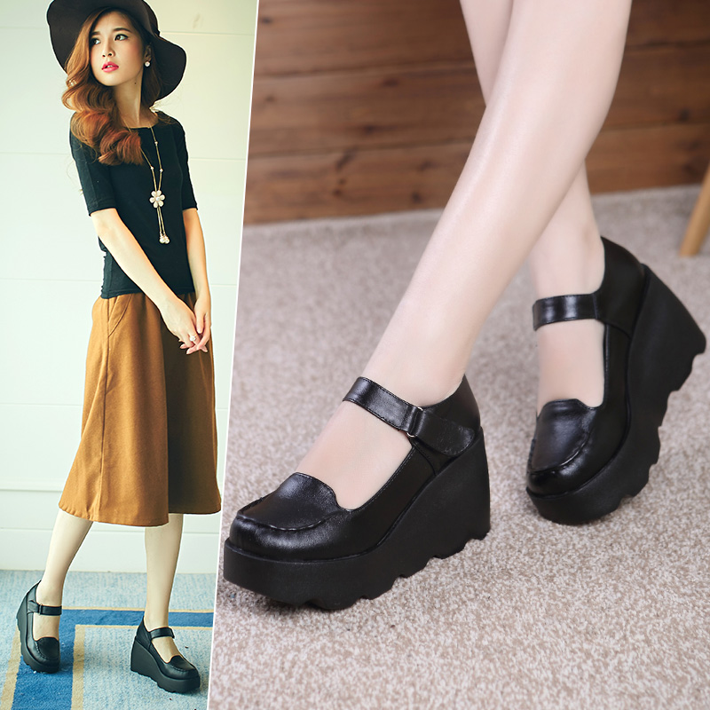 Yongbaili Spring and Autumn 2009 New Fashion Cowhide Round Head Shallow Single Shoe Women's Japanese Comfortable Slope heel Muffin Shoes