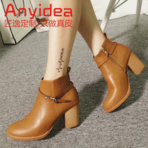  Little girl boots size nude heel big high heel I2004 boots Big boots thick size craftsman Yi Korean version of the leather tube circumference autumn short leather