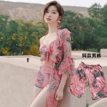 2021 new couple swimsuit Hot Spring Holiday split with sleeve steel flat corner slim mens and womens swimwear
