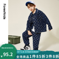 Boys spring clothing suit 2022 new CUHK Scout handsome cowboy two sets boy denim jacket printed long pants