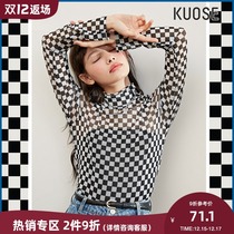 Black and white checkerboard long sleeve base shirt T-shirt female 2021 New early autumn net gauze top summer