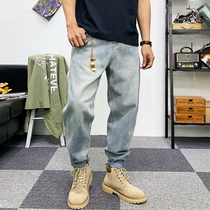 American casual fashion brand mens simple joker jeans men urban trend loose solid color straight ankle-length pants