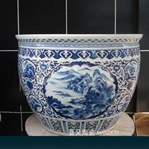 Jingdezhen hand-painted blue and white open screen landscape porcelain large cylinder elegant display landscape diameter 95CM large cylinder
