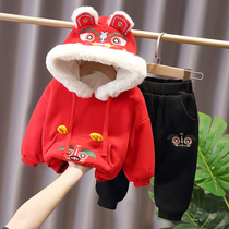 Korean baby New Years dress two-piece child plus velvet Tang suit childrens warm suit Tiger baby Chinese trend