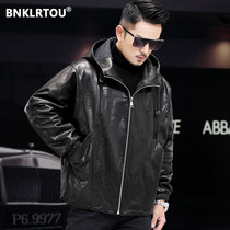 Fashion Korean version of Haining leather leather mens oil wax sheep leather short hooded loose large size leather jacket coat tide