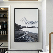 Hand-painted oil painting black and white gray Far Mountain View living room porch background decoration painting light luxury sofa hanging painting corridor mural
