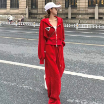 Red Casual Fashion Sportswear Suit Woman Spring Autumn Loose Foreign Pistachio Red Fried Street High Waist Broadleg Pants Two Sets