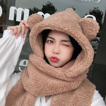 Lambskin hat womens autumn and winter sweet and cute hooded one-piece winter plush scarf ear protection and warmth Korean version of the tide