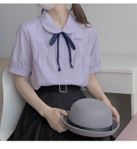 Spot small milk bubble ghost ghost Thai two-color student JK purple shirt summer uniform round neck bubble sleeves