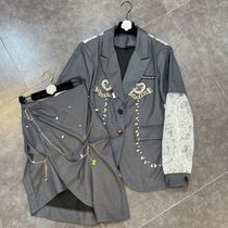 Grapefruit MM2021 Spring and summer Crochet lace long sleeve heavy beaded diamond suit jacket design sense skirt suit