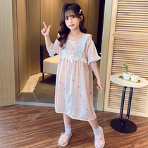 Childrens night dress Summer thin section girls ice silk cotton home dress girl Princess style parent-child pajamas mother-daughter dress