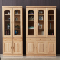 Pine bookcase Full solid wood two-door three-door bookcase combination with glass door Simple modern childrens storage bookcase cabinet