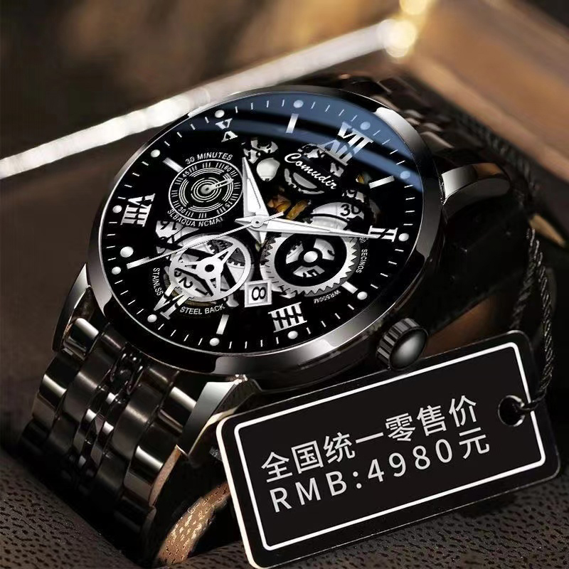 Hollow out fully automatic mechanical watch, men's waterproof luminous business calendar, fashionable trend, authentic Swiss new style